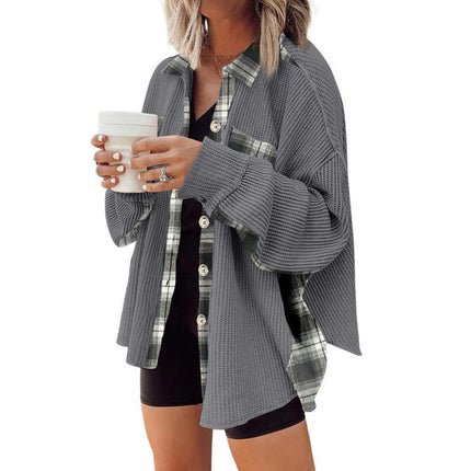 Womens Waffle Knit Plaid Shacket Boyfriend Button Down Shirt Jacket Loose Long Sleeve Tops