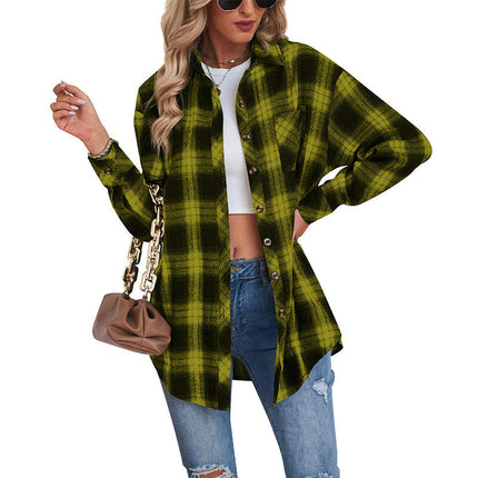 Women's Long Sleeve Collar Long Button Down Plaid Shirt Blouse Tops