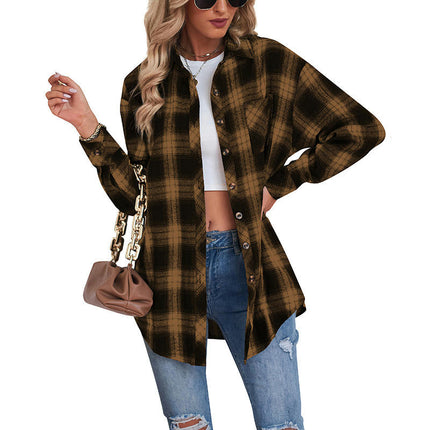Women's Long Sleeve Collar Long Button Down Plaid Shirt Blouse Tops