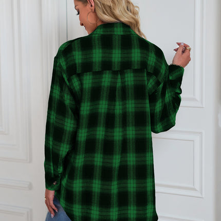 Women's Long Sleeve Collar Long Button Down Plaid Shirt Blouse Tops
