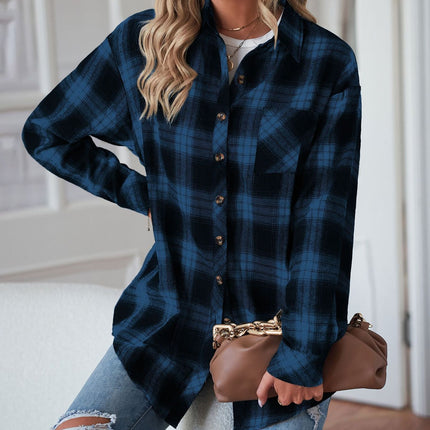 Women's Long Sleeve Collar Long Button Down Plaid Shirt Blouse Tops