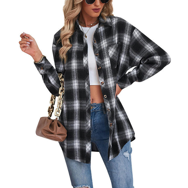 Women's Long Sleeve Collar Long Button Down Plaid Shirt Blouse Tops