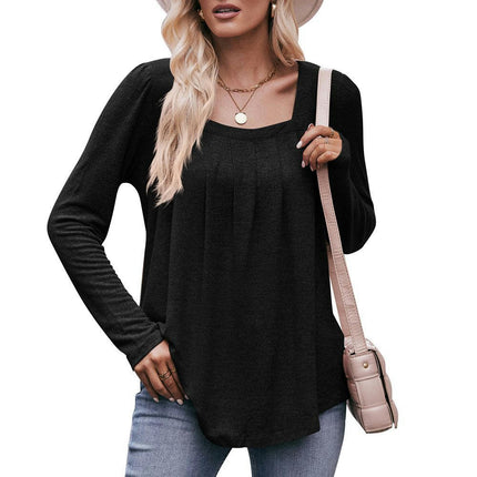 Long Sleeve Shirts for Women Pleated Square Neck Tops Dressy Lightweight Tunic Blouse