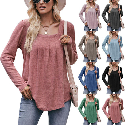 Long Sleeve Shirts for Women Pleated Square Neck Tops Dressy Lightweight Tunic Blouse