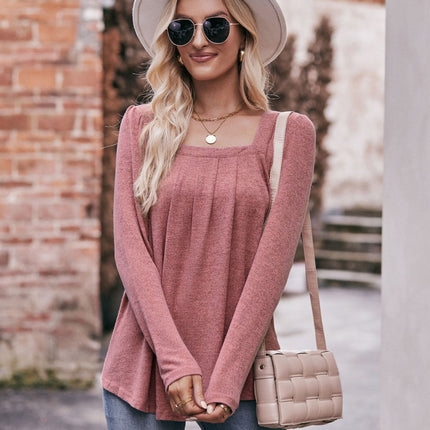 Long Sleeve Shirts for Women Pleated Square Neck Tops Dressy Lightweight Tunic Blouse