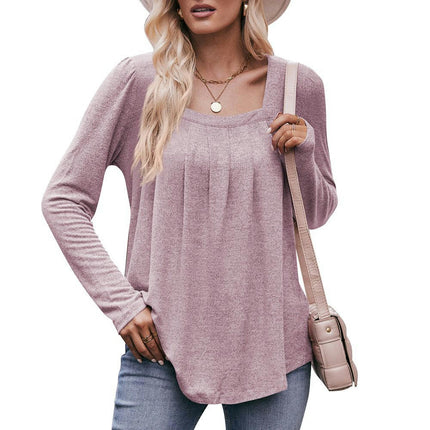 Long Sleeve Shirts for Women Pleated Square Neck Tops Dressy Lightweight Tunic Blouse