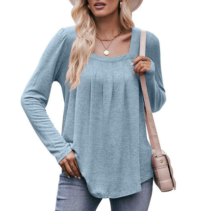 Long Sleeve Shirts for Women Pleated Square Neck Tops Dressy Lightweight Tunic Blouse
