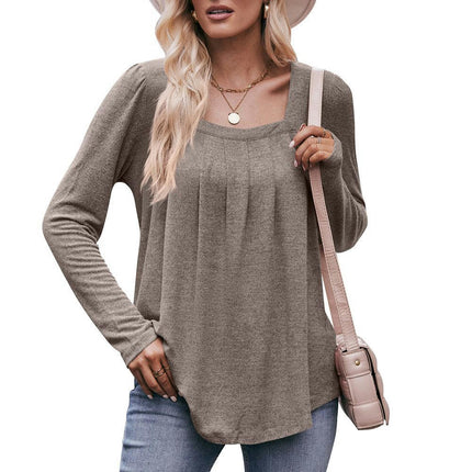 Long Sleeve Shirts for Women Pleated Square Neck Tops Dressy Lightweight Tunic Blouse