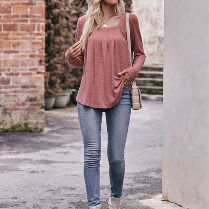 Long Sleeve Shirts for Women Pleated Square Neck Tops Dressy Lightweight Tunic Blouse