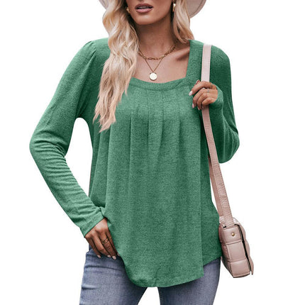 Long Sleeve Shirts for Women Pleated Square Neck Tops Dressy Lightweight Tunic Blouse
