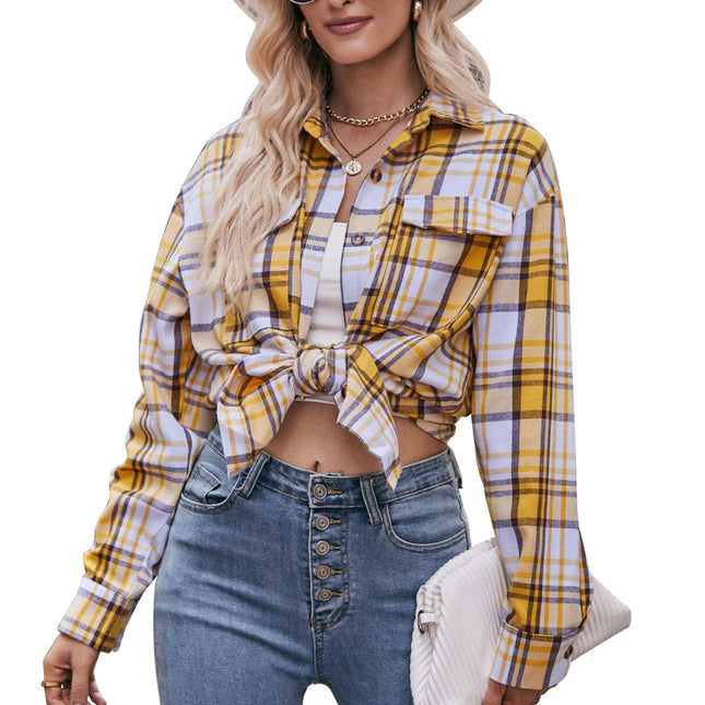 Women's Oversized Plaid Shirt Long Sleeve Drop Shoulder Lapel Button Down Shirt Blouse Tops