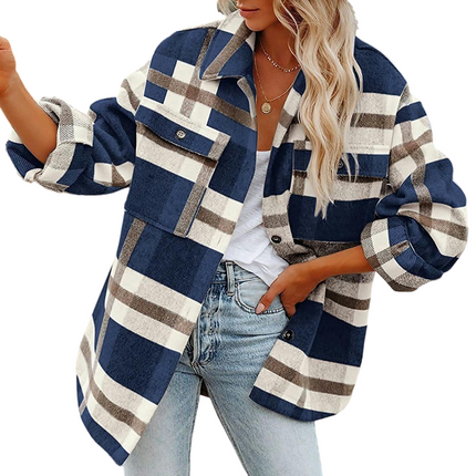 Women's Flannel Plaid Shacket Long Sleeve Button Down Shirts Jacket Coats with Side Pockets