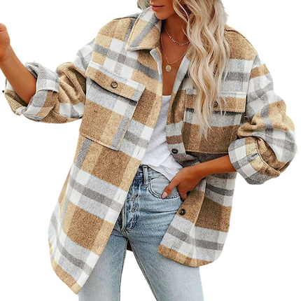 Women's Flannel Plaid Shacket Long Sleeve Button Down Shirts Jacket Coats with Side Pockets
