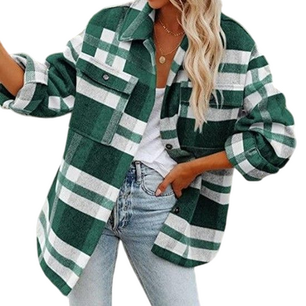 Women's Flannel Plaid Shacket Long Sleeve Button Down Shirts Jacket Coats with Side Pockets