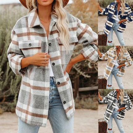 Women's Flannel Plaid Shacket Long Sleeve Button Down Shirts Jacket Coats with Side Pockets
