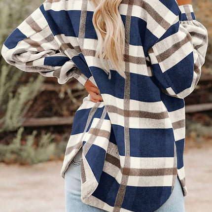 Women's Flannel Plaid Shacket Long Sleeve Button Down Shirts Jacket Coats with Side Pockets