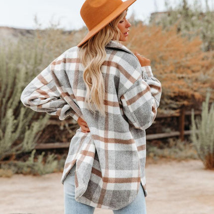 Women's Flannel Plaid Shacket Long Sleeve Button Down Shirts Jacket Coats with Side Pockets