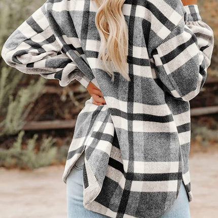 Women's Flannel Plaid Shacket Long Sleeve Button Down Shirts Jacket Coats with Side Pockets