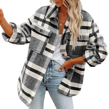 Women's Flannel Plaid Shacket Long Sleeve Button Down Shirts Jacket Coats with Side Pockets