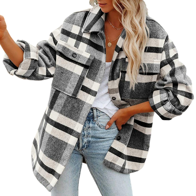 Women's Flannel Plaid Shacket Long Sleeve Button Down Shirts Jacket Coats with Side Pockets