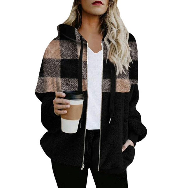 Women Full Zip Up Hoodie Plaid Drawstring Long Sleeve Outerwear with Pockets