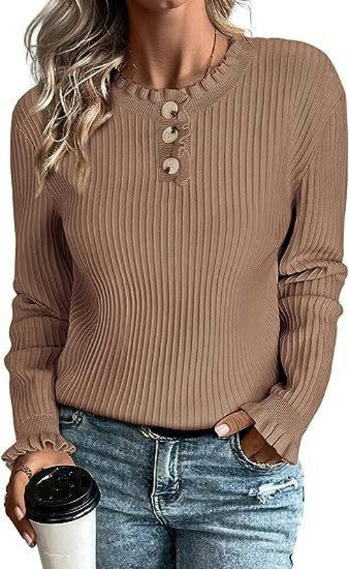 Women's Ruffle Crew Neck Long Sleeve Button Down Knit Pullover Sweater Tops