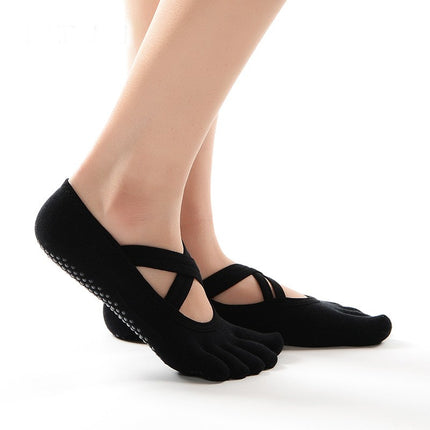Non-Slip Women's Socks Double Strap Crossover Yoga Socks Five Toes With Grippers Toe-10 Pairs
