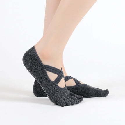 Non-Slip Women's Socks Double Strap Crossover Yoga Socks Five Toes With Grippers Toe-10 Pairs