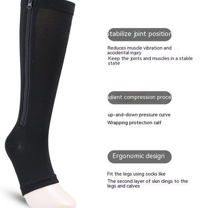 Zip Compression Socks For Men Women With Toe Open Design Zipper Leg Support Knee-High Stockings