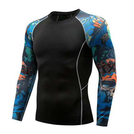Men' Digital Printing Tights Stretch Fitness Sports T-Shirt Quick-Drying Shirt Long Sleeve Top  1