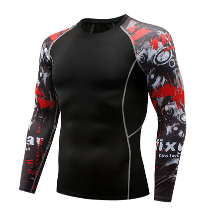 Men' Digital Printing Tights Stretch Fitness Sports T-Shirt Quick-Drying Shirt Long Sleeve Top