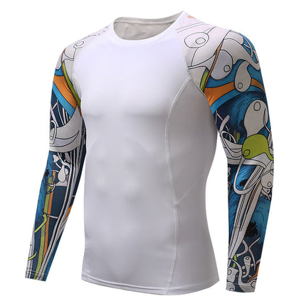 Men' Digital Printing Tights Stretch Fitness Sports T-Shirt Quick-Drying Shirt Long Sleeve Top  1