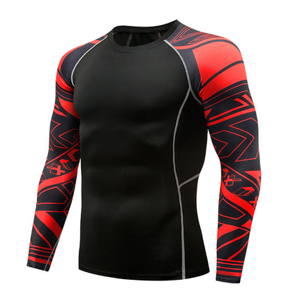 Men' Digital Printing Tights Stretch Fitness Sports T-Shirt Quick-Drying Shirt Long Sleeve Top