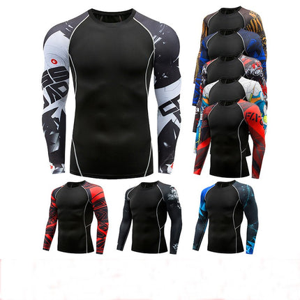 Men' Digital Printing Tights Stretch Fitness Sports T-Shirt Quick-Drying Shirt Long Sleeve Top  1