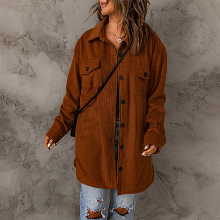 Women's Corduroy Button Down Shacket Long Sleeve Shirt Jacket Shirts Loose Fit Coat