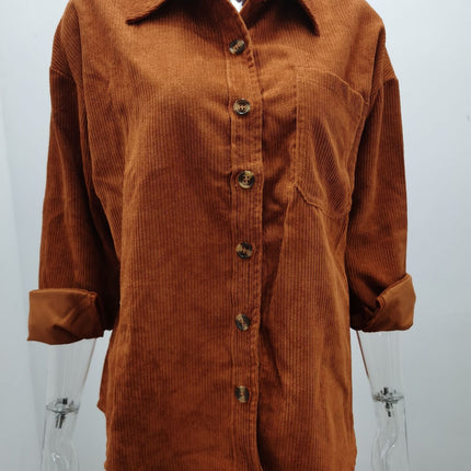 Women's Casual Corduroy Button Shirt JacketLong Sleeve Boyfriend Blouses Tops 1