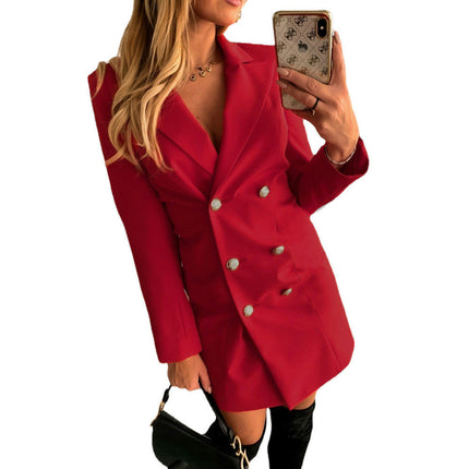 Women's Long Sleeve Lapel Double Breasted Mid Length Office Blazer Outwear