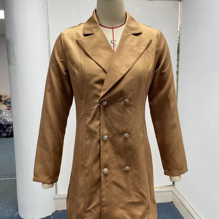 Women's Long Sleeve Lapel Double Breasted Mid Length Office Blazer Outwear