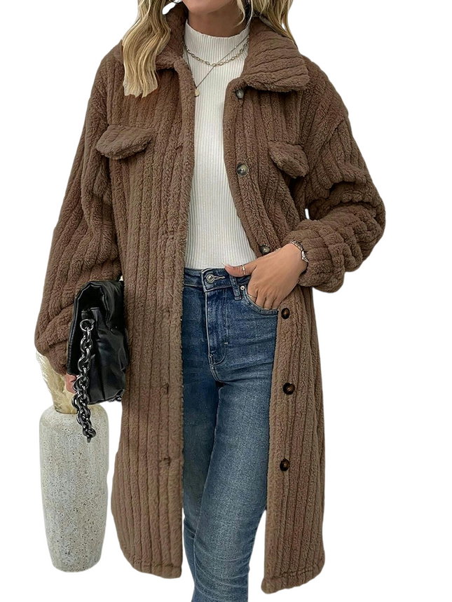 Fuzzy Fleece Jackets for Women Long Sleeve Lapel Button Down Long Teddy Coat