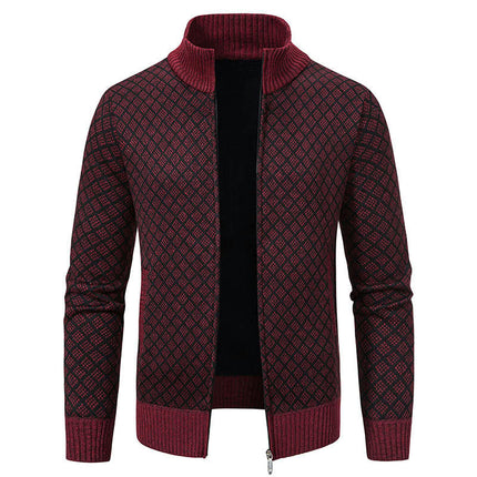 Mens Fleece Cardigan Winter Solid Color Knitted Jacket Thick Warm Sweater