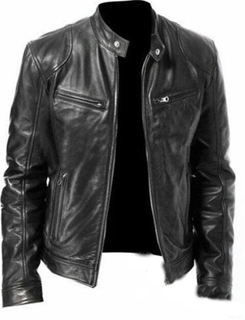 Men's Vintage Stand Collar Leather Jacket Motorcycle PU Jacket and Coat