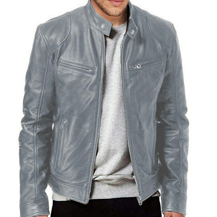 Men's Vintage Stand Collar Leather Jacket Motorcycle PU Jacket and Coat