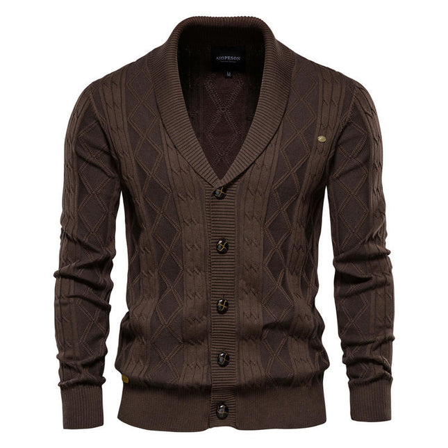 Men's Casual Long Sleeve Shawl Collar Buttons Down Cable Knit Cardigan Sweater