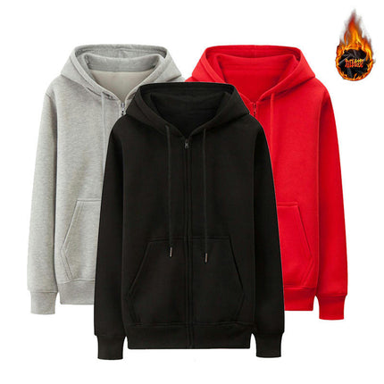 Men's Long Sleeve Solid Jacket Zip Fleece Lined Hoodie Casual Warm Sweatshirt with Pockets