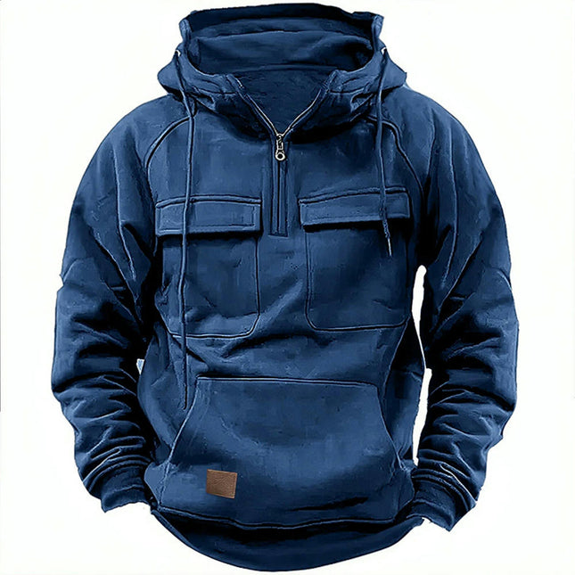 Men's Hooded Solid Color Pullover, Sports Multi Pocket Sweatshirt