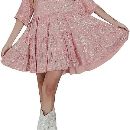 Women Sequin Dress Short Flowy Tiered Ruffle Loose Dress
