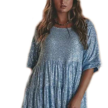 Women Sequin Dress Short Flowy Tiered Ruffle Loose Dress