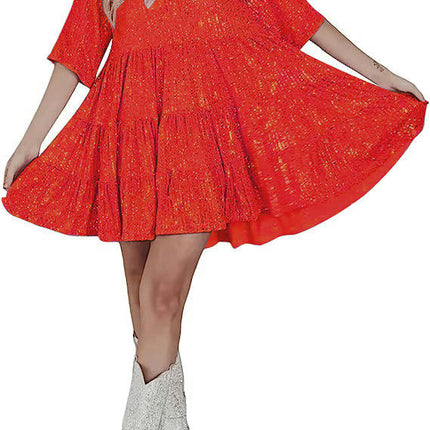 Women Sequin Dress Short Flowy Tiered Ruffle Loose Dress