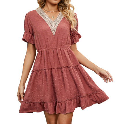 Women's V Neck Short Sleeve Ruffle Hem Short Dress