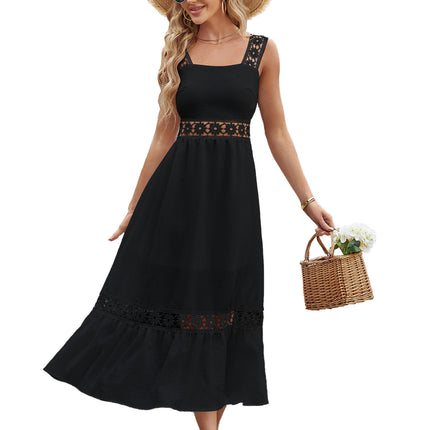 Women's Spaghetti Strap Square Neck Sleeveless Ruffle Hem Midi Dress